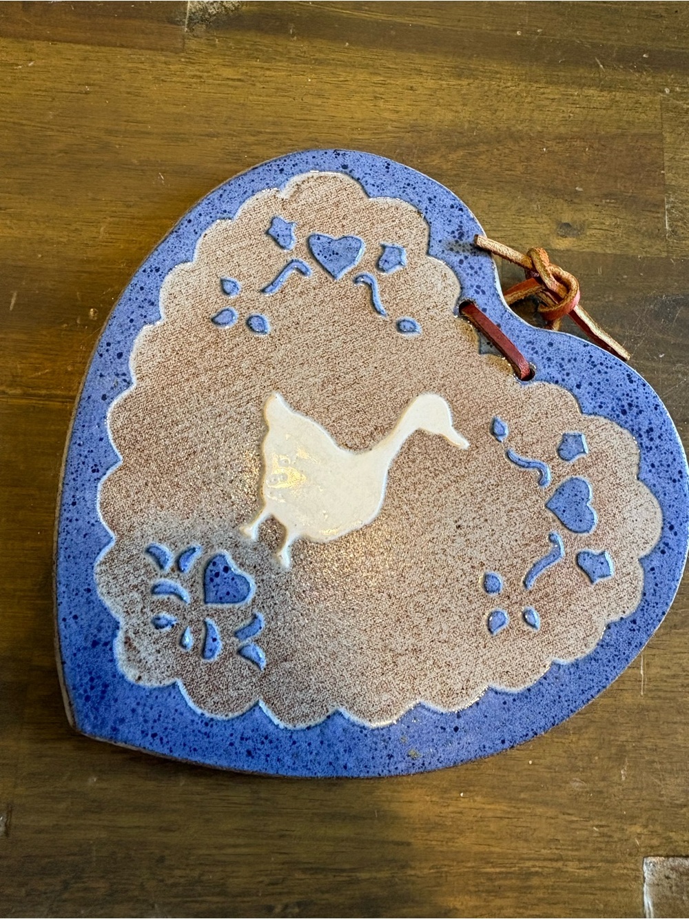Vintage 1986 Clay Pottery Duck Trivet Salt Glaze Cobalt Blue Heart Tile Granny
